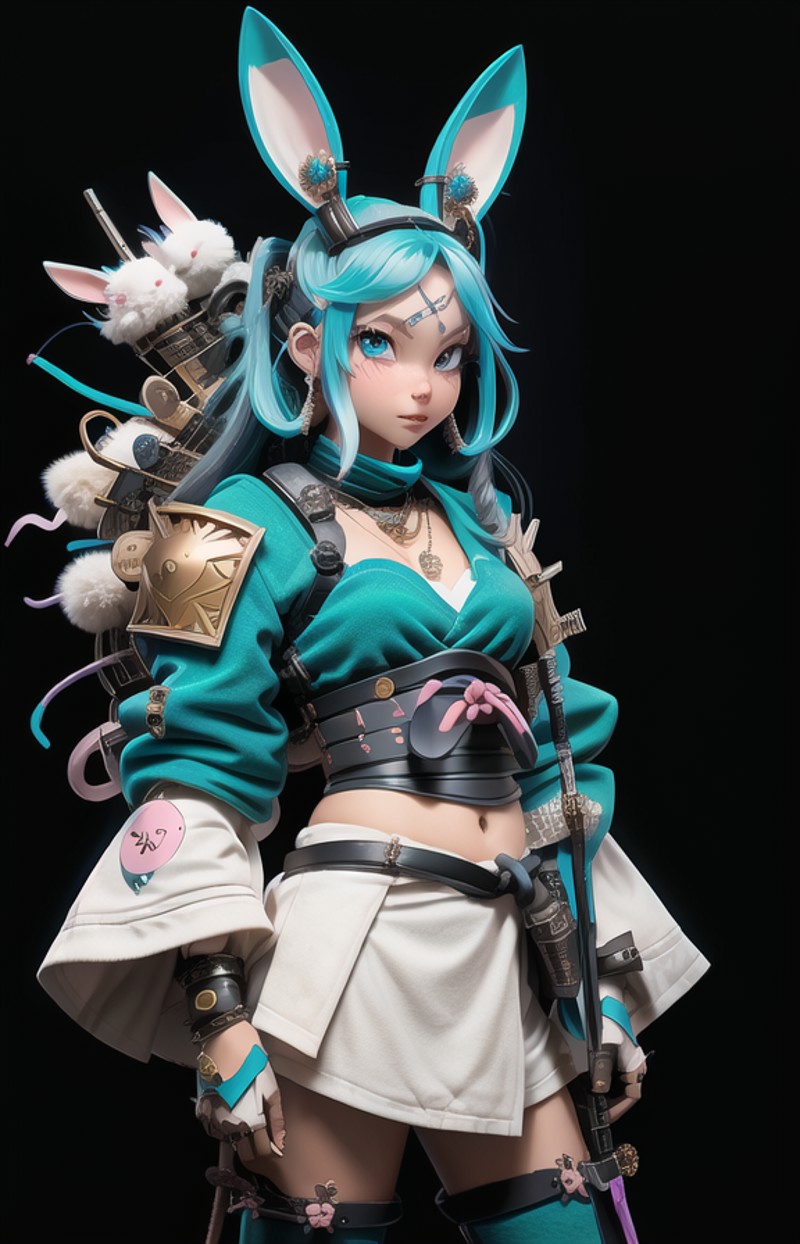 a nijigirl with bunny - ears <lora:nijilorabunny:0.7> 
wearing ninja armor, samurai, katana, milky long wavy hair, warm gr...